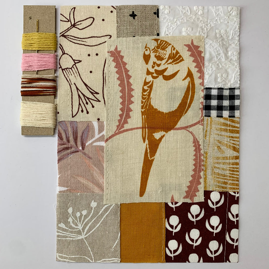 Slow Stitching Kit - Tumeric Budgie with Burgundy